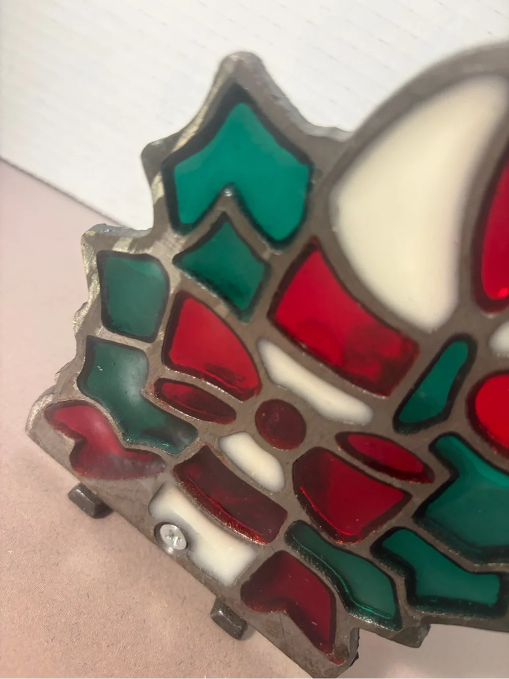 Holiday Stained Glass Candy Cane and Bow Decorative Accent - Red, Green, White